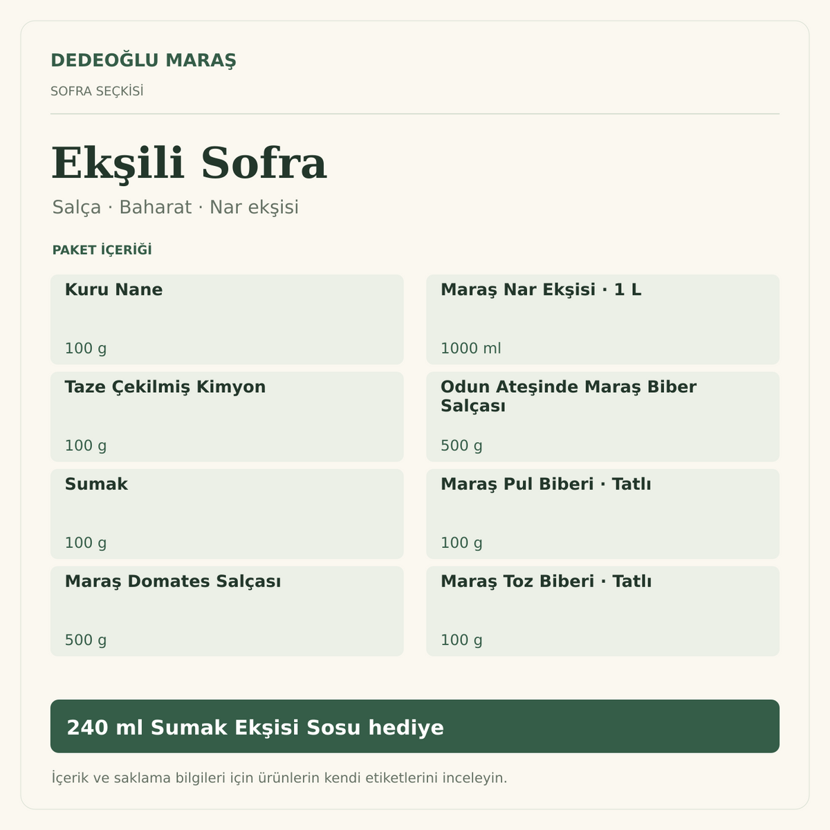 Ekşili Sofra · Salça, Nar Ekşisi ve Baharat — paket içeriği ve 240 ml hediye sos bilgi kartı