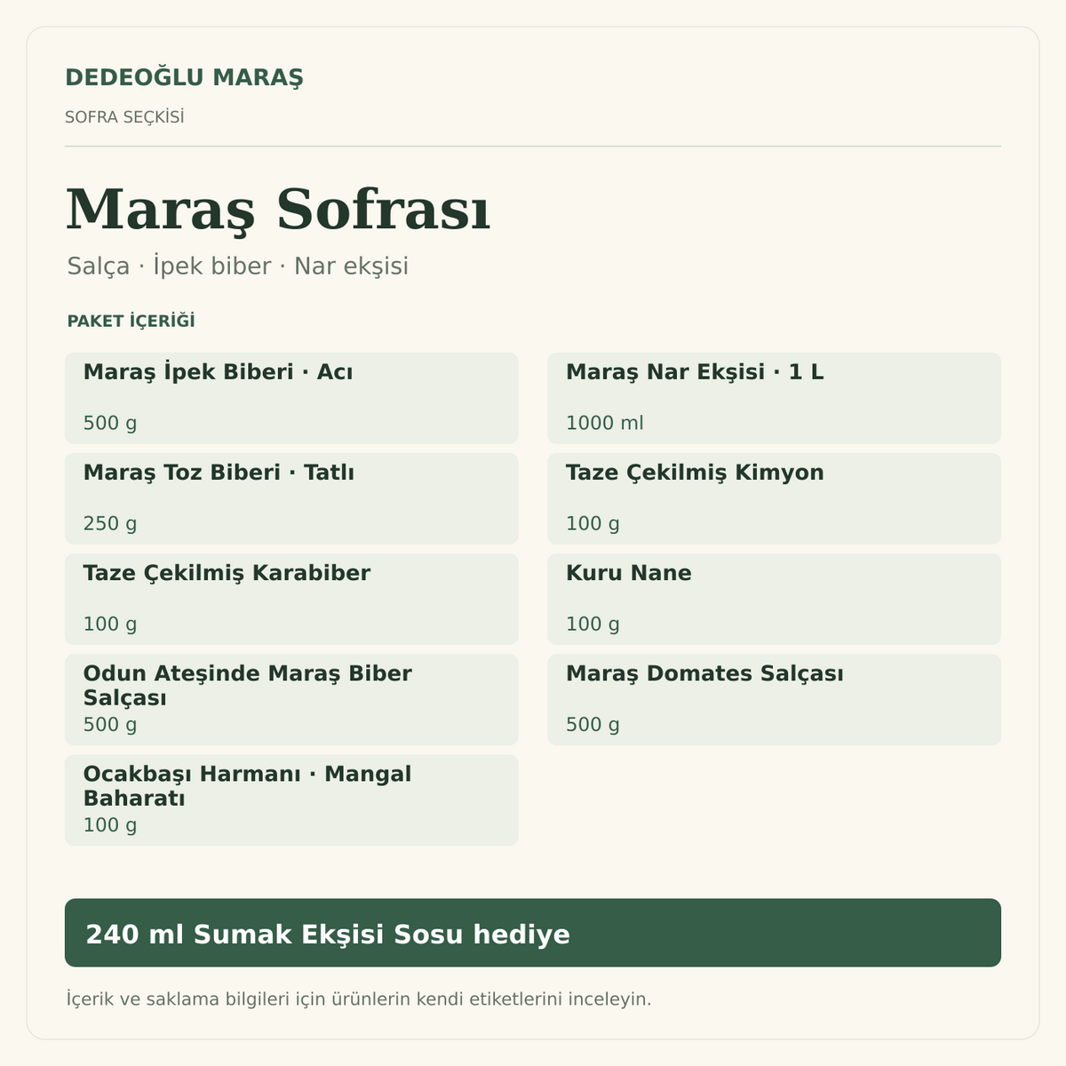 Maraş Sofrası · Salça ve İpek Biber Seçkisi — paket içeriği ve 240 ml hediye sos bilgi kartı