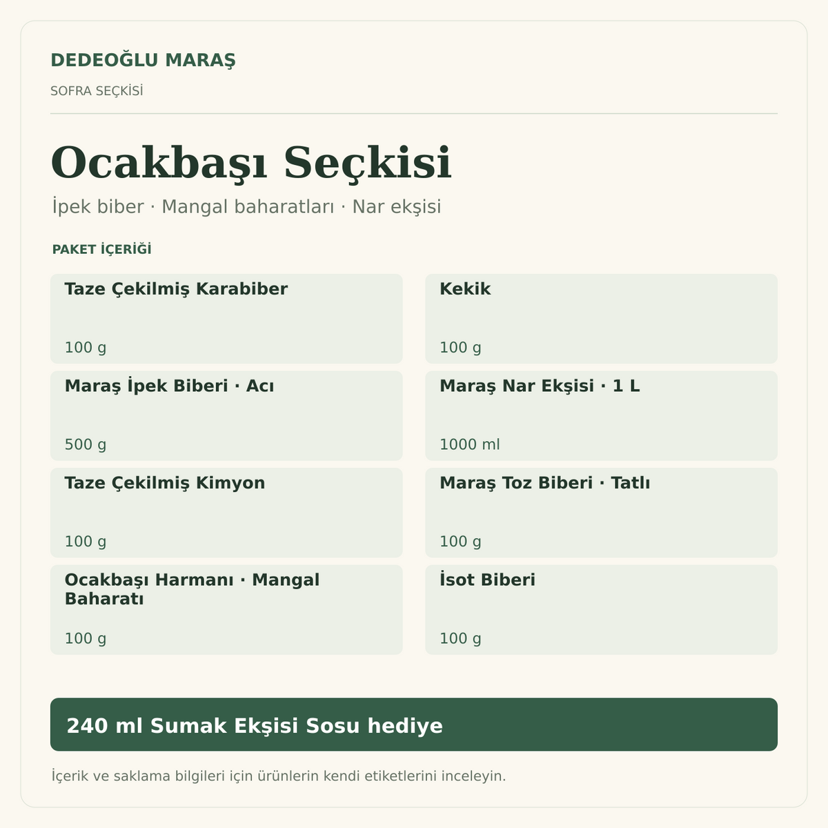 Ocakbaşı Seçkisi · İpek Biber ve Mangal Baharatları — paket içeriği ve 240 ml hediye sos bilgi kartı