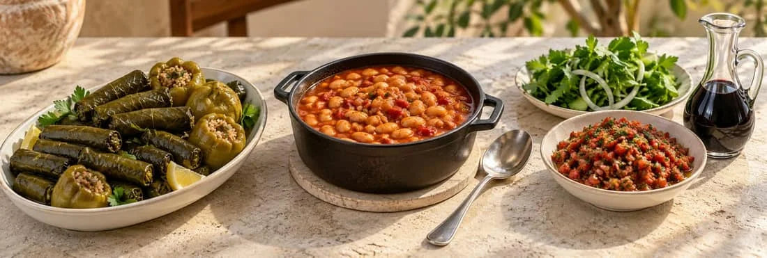 Biber salçasıyla hazırlanan dolma, kuru fasulye ve meze sunumu